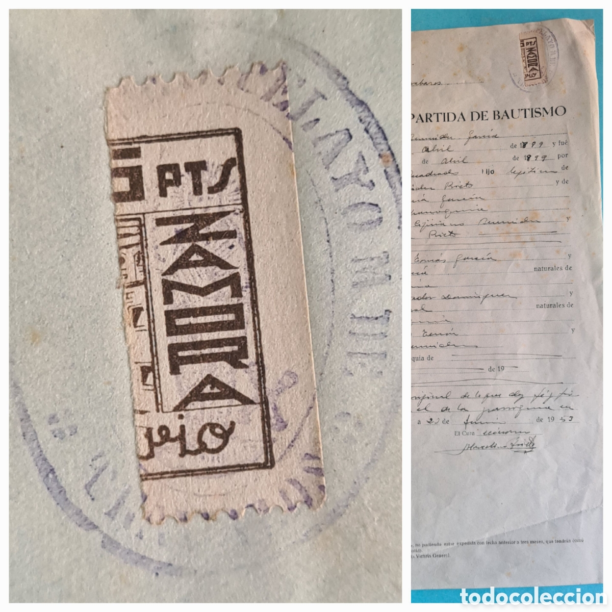 Manuscritos antiguos: FILATELIA FISCAL - SELLO BISECTADO EN PARTIDA BAUTISMO - PARROQUIA SAN PELAYO TRAVAZOS (ZAMORA) 1953