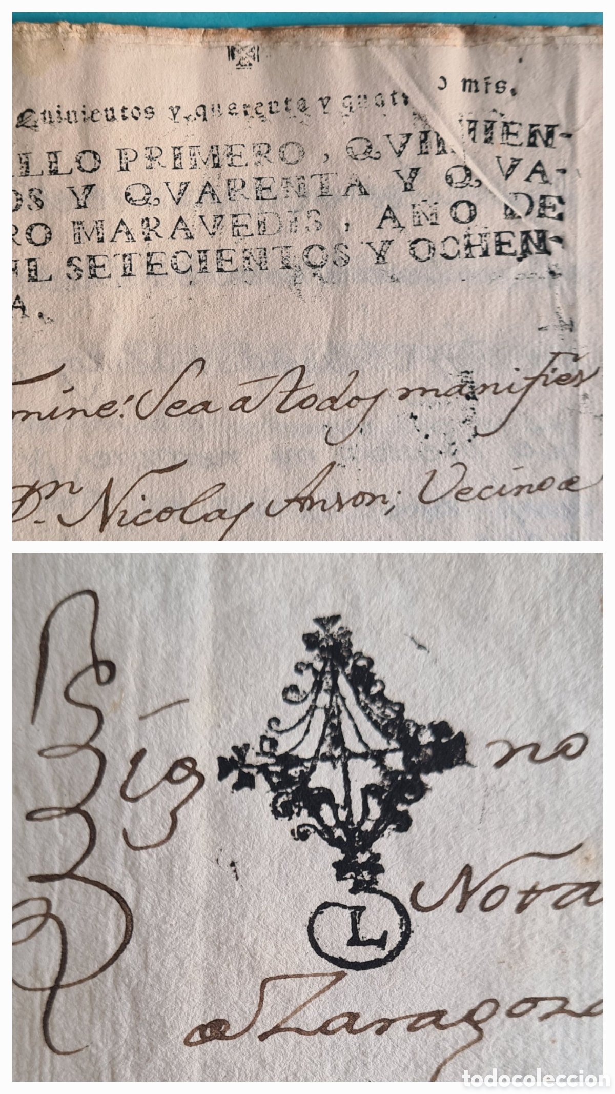 Manuscritos antiguos: SELLO NOTARIO SIGNUM DE TAMPON EN DOCUMENTO DE ZARAGOZA - PAPEL SELLADO CON ERROR DE FUELLE 1780