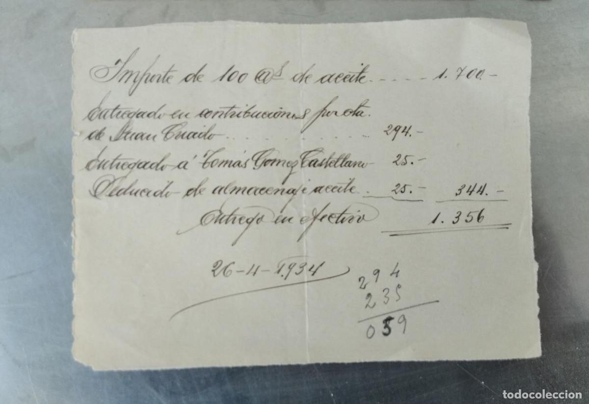 Ancient Manuscripts: A&ntilde;o 1934. Antiguo documento manuscrito relativo a compra venta de aceite de oliva. Pesada en arrobas