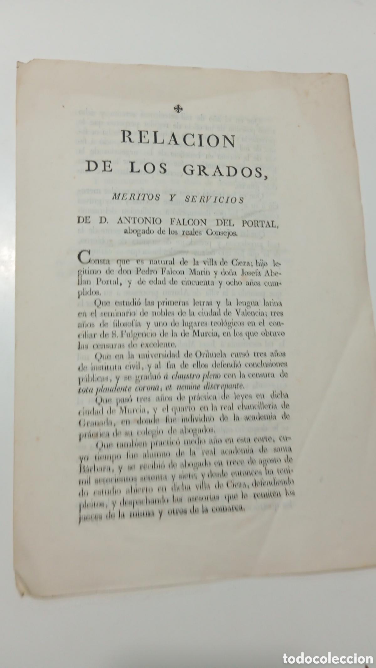 Manuscritos antiguos: Raro impreso de 1814: Relaci&oacute;n de M&eacute;ritos y Servicios de D. Antonio Falc&oacute;n del Portal (Cieza, Murcia