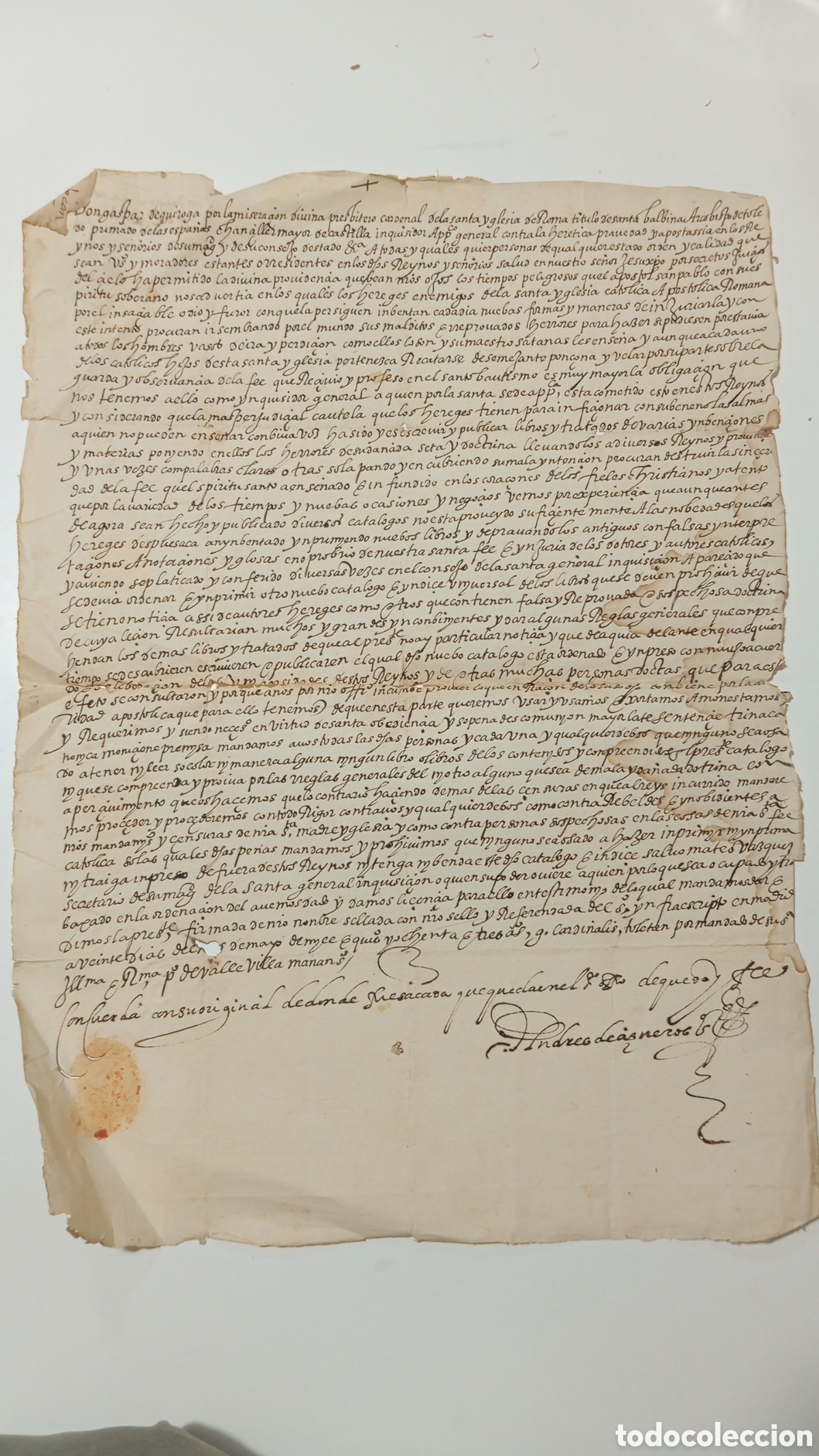 Manuscritos antiguos: Excepcional edicto inquisitorial sobre la censura de libros (1583) &ndash;Gaspar de Quiroga, &eacute;pocaFelipeII