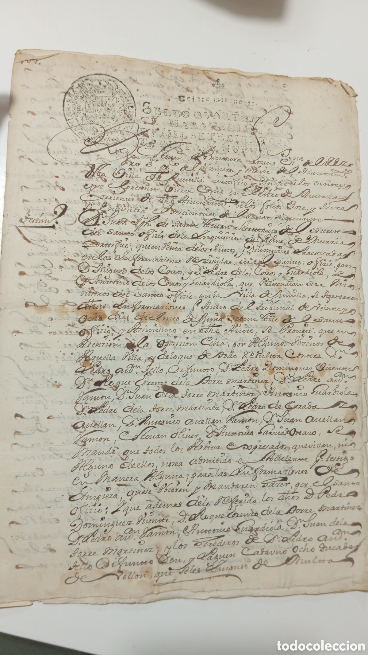 Manuscritos antiguos: Documento Manuscrito Original S. XVIII - Inquisici&oacute;n de Murcia - Inhabilitaci&oacute;n de Testigos Jumilla