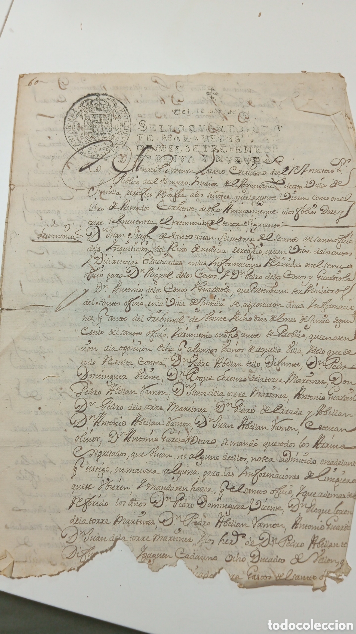 Manuscritos antiguos: certificaci&oacute;n notarial e inquisitorial expedida en la Villa de Jumilla (Murcia). S XVIII