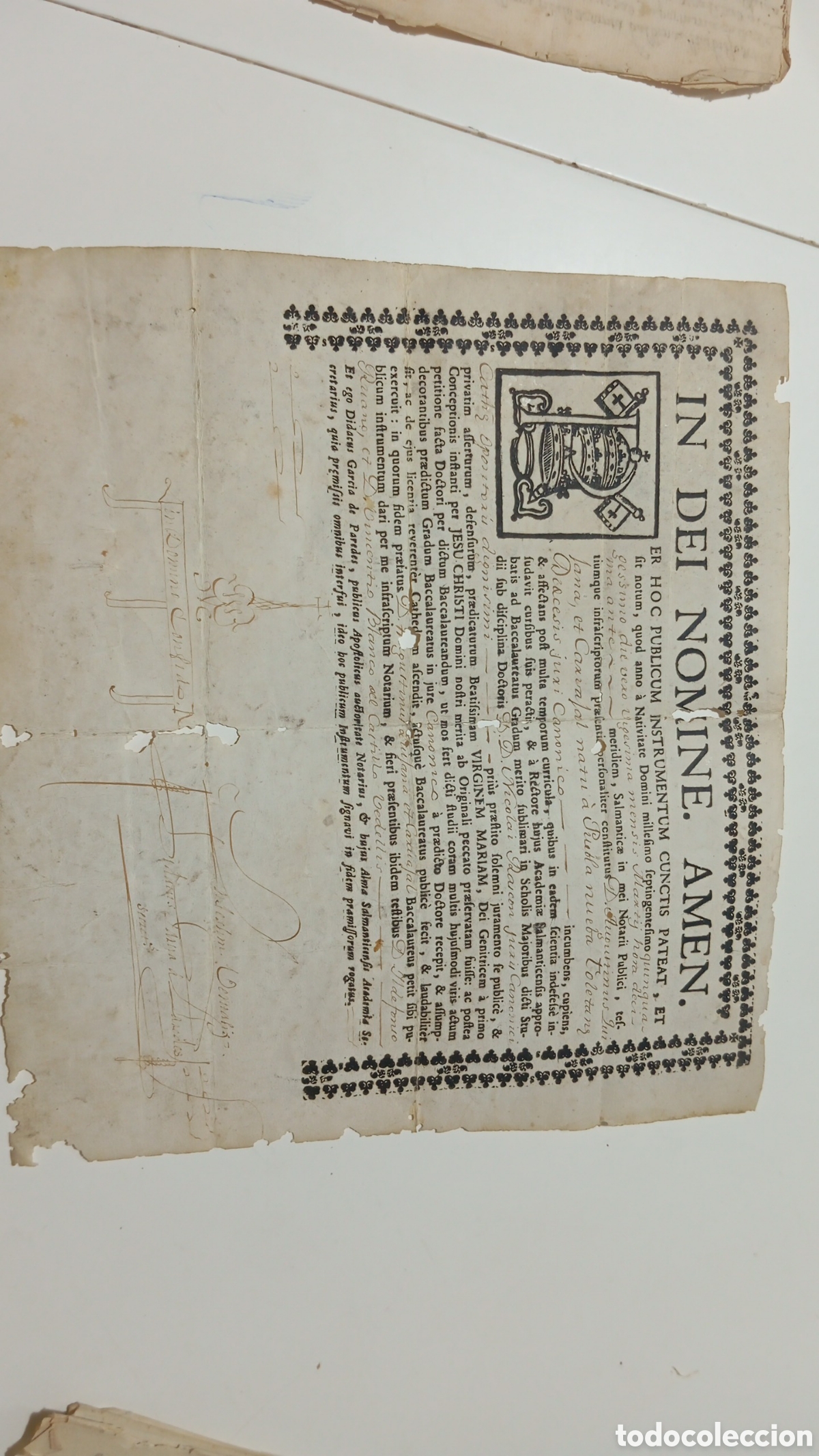 Manuscritos antiguos: t&iacute;tulo o certificado universitario de Grado de Bachiller en C&aacute;nones. Universidad Salamanca s XVIII