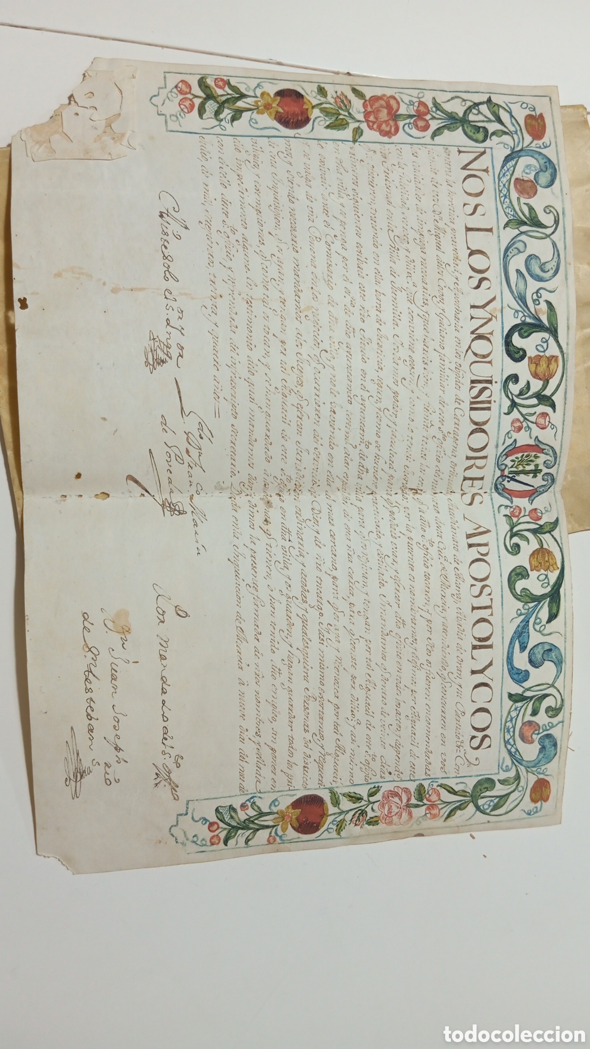 Manuscritos antiguos: Patente Familiar del Santo Oficio de la Inquisici&oacute;n &ndash; Siglo XVIII Orla Iluminada a Mano Cartagena