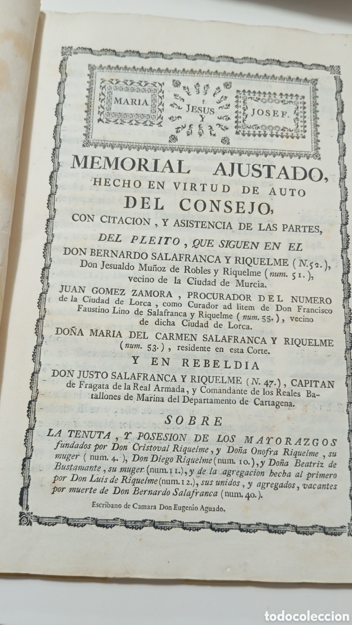 Manuscrits anciens: Memorial Ajustado Completo Siglo XVIII Pleito Mayorazgos Riquelme Murcia Lorca Cartagena Salafranca