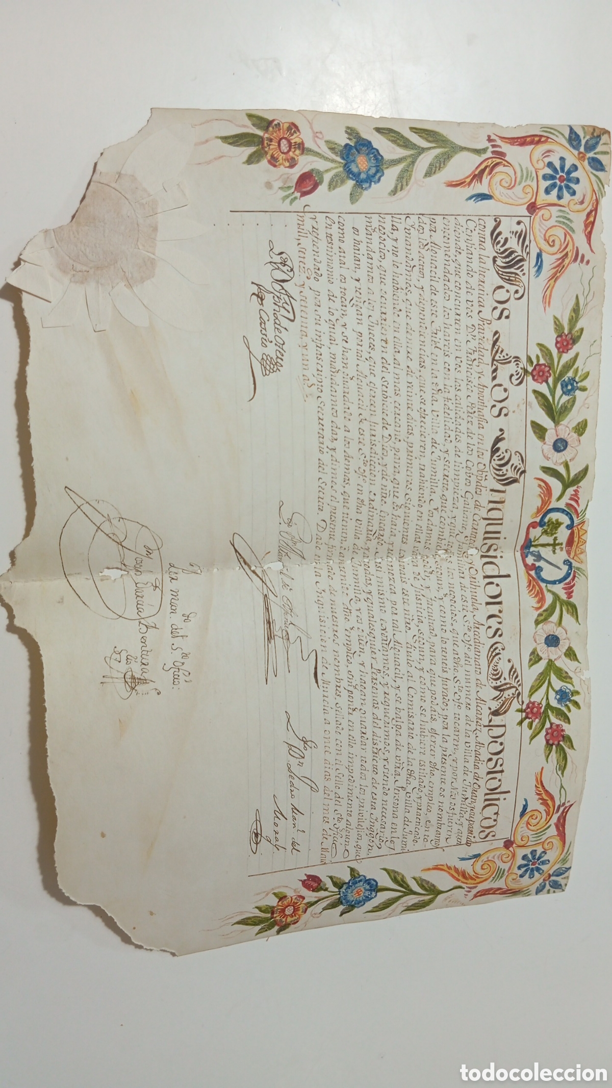 Manuscritos antiguos: Titulo de Familiar Alguacil Santo Oficio Inquisicion Murcia Jumilla Documento Iluminado XVIII Orla