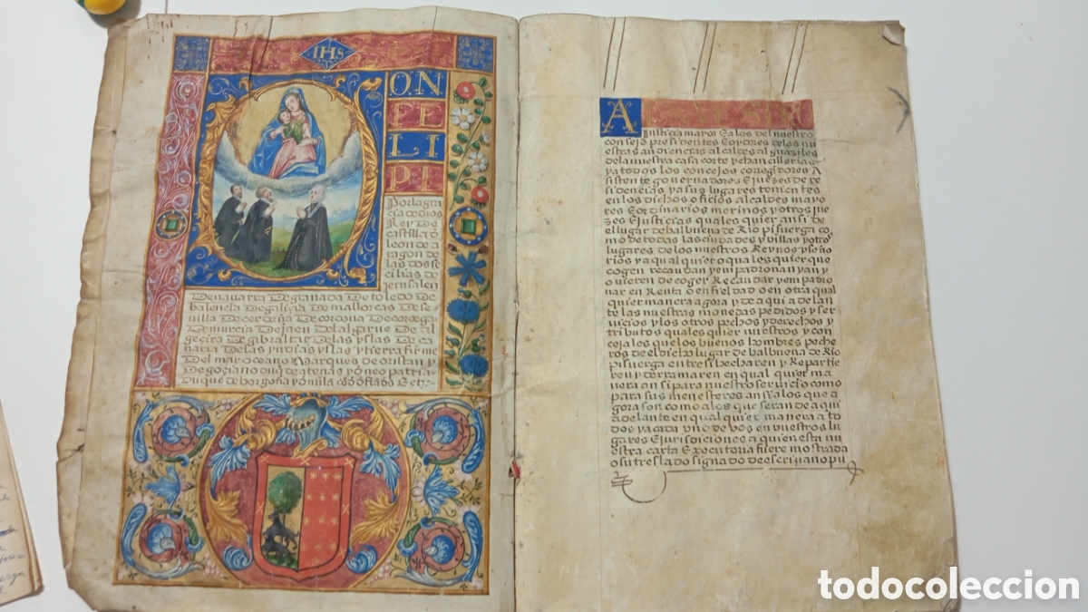 Manuscritos antiguos: Carta Ejecutoria de Hidalgu&iacute;a (1579) Felipe II Manuscrito en Pergamino Iluminado en Oro