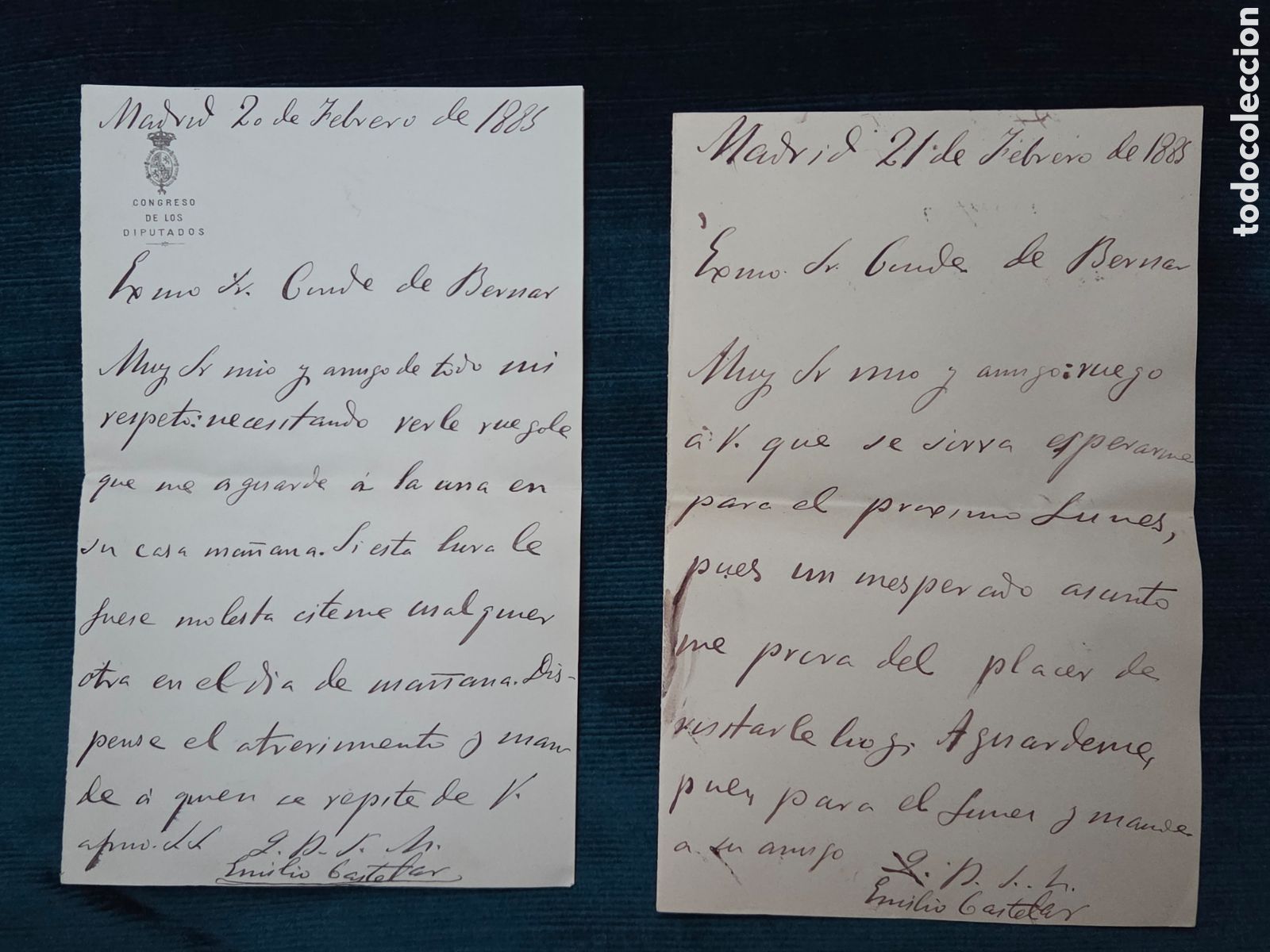 Manoscritti antichi: LOTE 2 CARTAS AUT&Oacute;GRAFAS ORIGINALES DE EMILIO CASTELAR PRESIDENTE PRIMERA REP&Uacute;BLICA 1885
