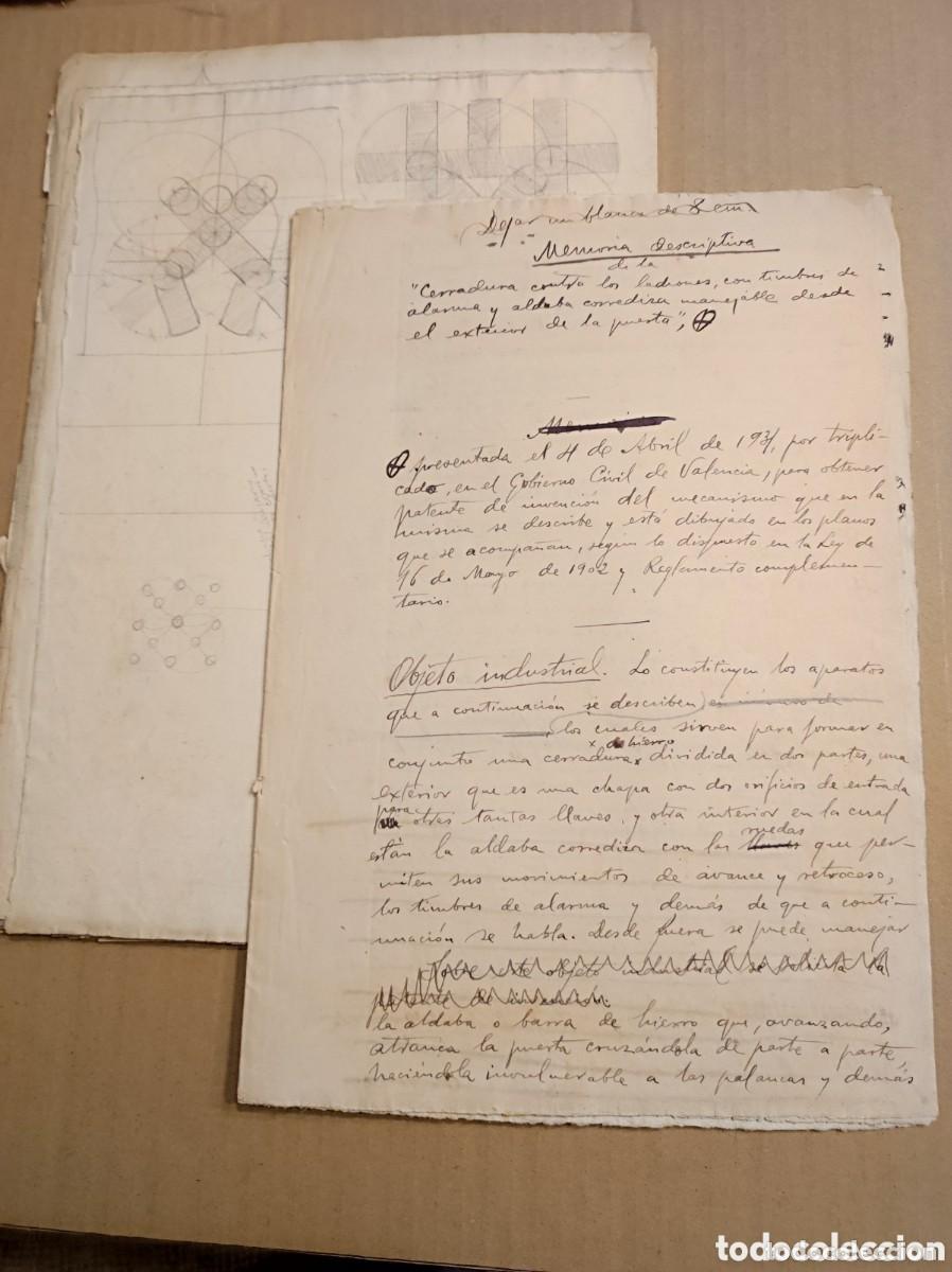 Alte Manuskripte: Patente cerradura contra ladrones con timbres de alarma pintor Jos&eacute; L&oacute;pez Tom&aacute;s Valencia 1931 planos