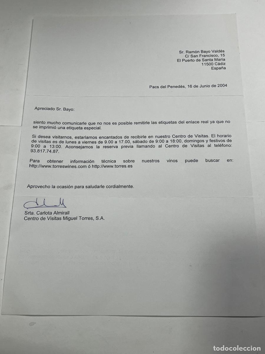 Manuscritos antiguos: CARTA. SRTA. CARLOTA ALMIRALL. CENTRO DE VISITAS MIGUEL TORRES, S.A.