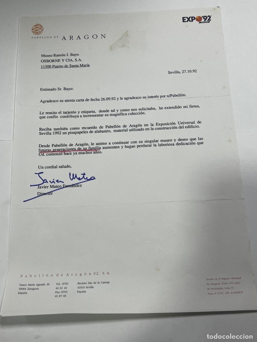 Manuscritos antiguos: CARTA. PABELL&Oacute;N DE ARAG&Oacute;N. EXPO&rsquo;92. FIRMA JAVIER MATEO FERN&Aacute;NDEZ.