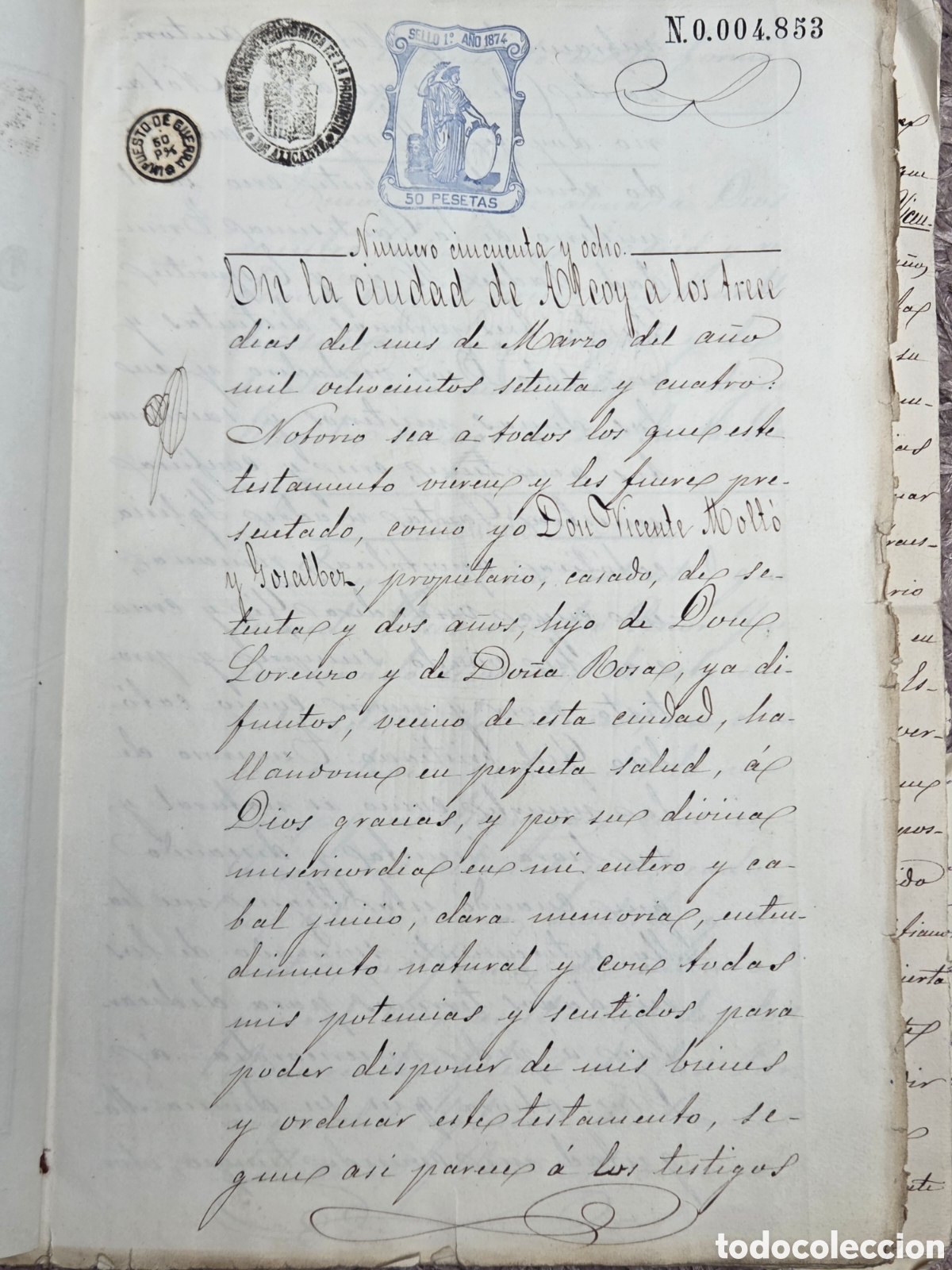 Alte Manuskripte: ALCOY 1874 ESCRITURA DE TESTAMENTO. Impuesto de guerra. Sello 1&deg; 50 ptas.