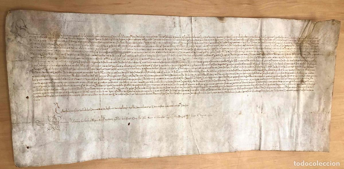 Manuscritos antiguos: INSTRUMENTO NOTARIAL EN LATIN SOBRE OBLIGACION ECONOMICA Y PATRIMONIAL. BARCELONA, 1442