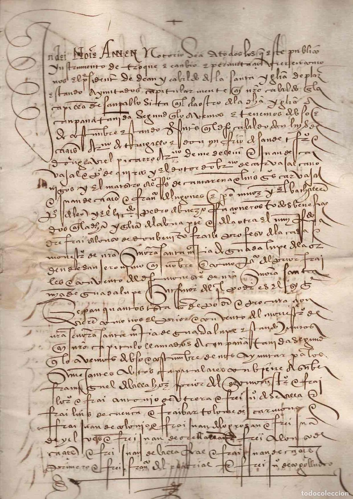 Manuscritos antiguos: ACUERDO ENTRE EL DE&Aacute;N Y CABILDO DE LA CATEDRAL DE PLASENCIA Y RELIGIOSOS VINCULADOS A GUADALUPE 1526