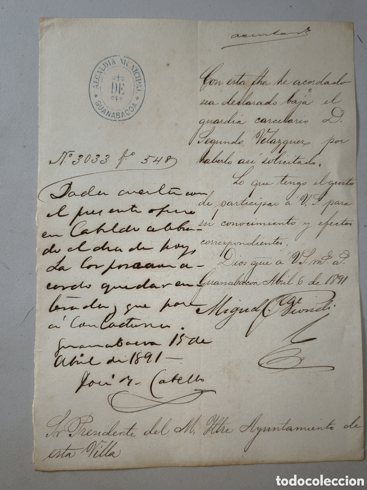 Manuscritos antiguos: Cuba espa&ntilde;ola, solicitud baja guardia carcelario ,a&ntilde;o 1891.