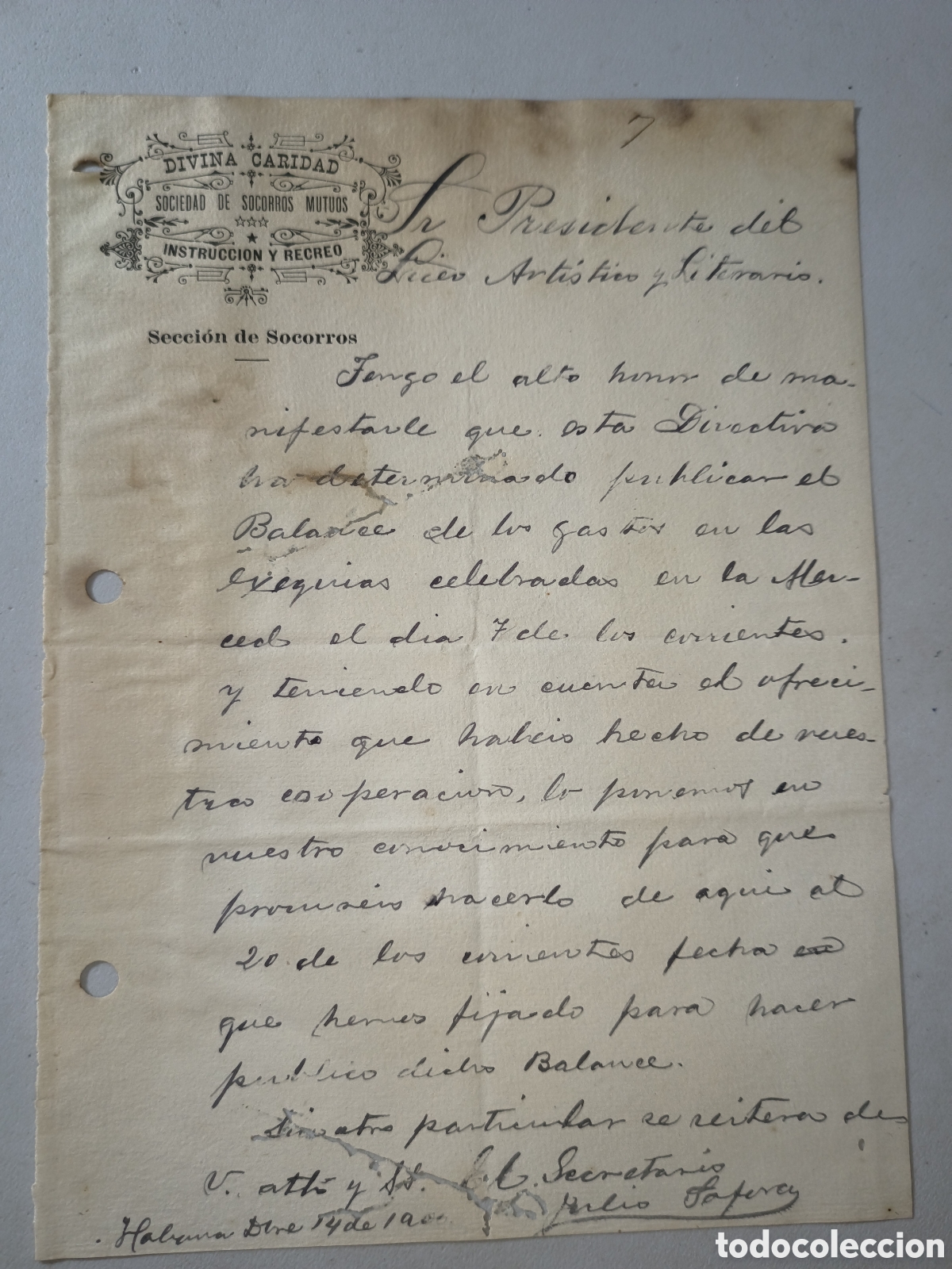 Manuscritos antiguos: Cuba intervenci&oacute;n, documento secci&oacute;n Socorros ,sociedad divina caridad ,a&ntilde;o 1901.