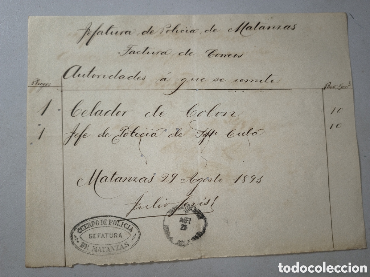 Manuscritos antiguos: Cuba espa&ntilde;ola,factura de correos a la jefatura polic&iacute;a matanzas ,a&ntilde;o 1895.