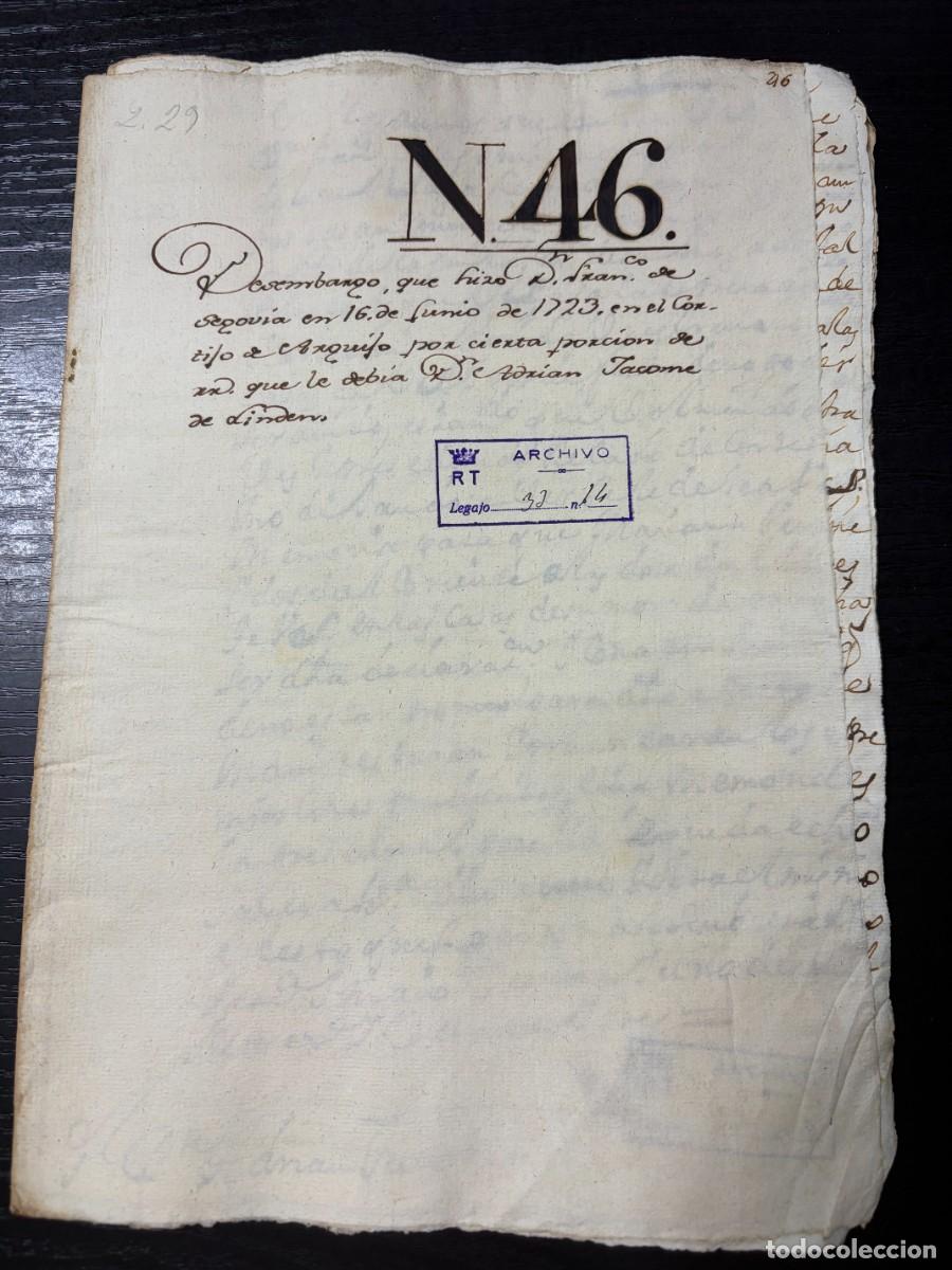 Manuscritos antiguos: SANL&Uacute;CAR LA MAYOR.,1723. DESEMBARGO DE CORTIJO. ADRI&Aacute;N J&Aacute;COME DE LINDEN. 3 SELLOS FISCALES