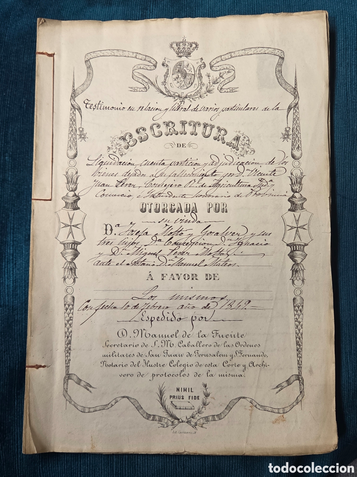 Manuscritos antigos: MADRID 1849 PRECIOSA ESCRITURA NOTARIAL DE PARTICI&Oacute;N DE BIENES.