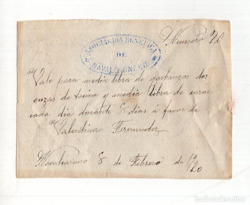 Manuscritos antigos: VALE BEN&Eacute;FICO NAVALCARNERO 1920. RARO MANUSCRITO DE RACIONAMIENTO. PIEZA &Uacute;NICA DE HISTORIA LOCAL.