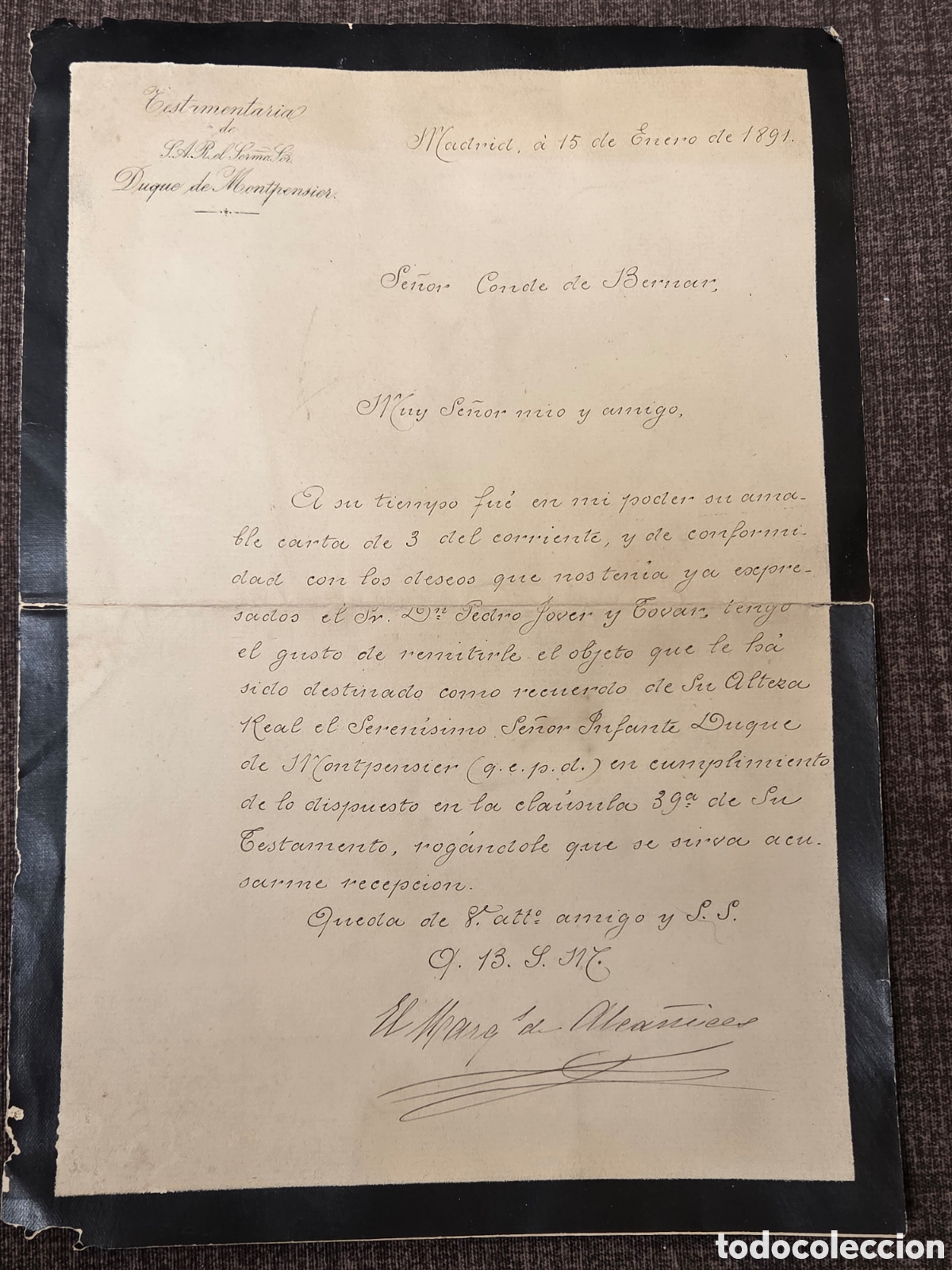 Manoscritti antichi: DUQUE DE MONTPENSIER 1891 TESTAMENTAR&Iacute;A, Nota de adjudicaci&oacute;n.