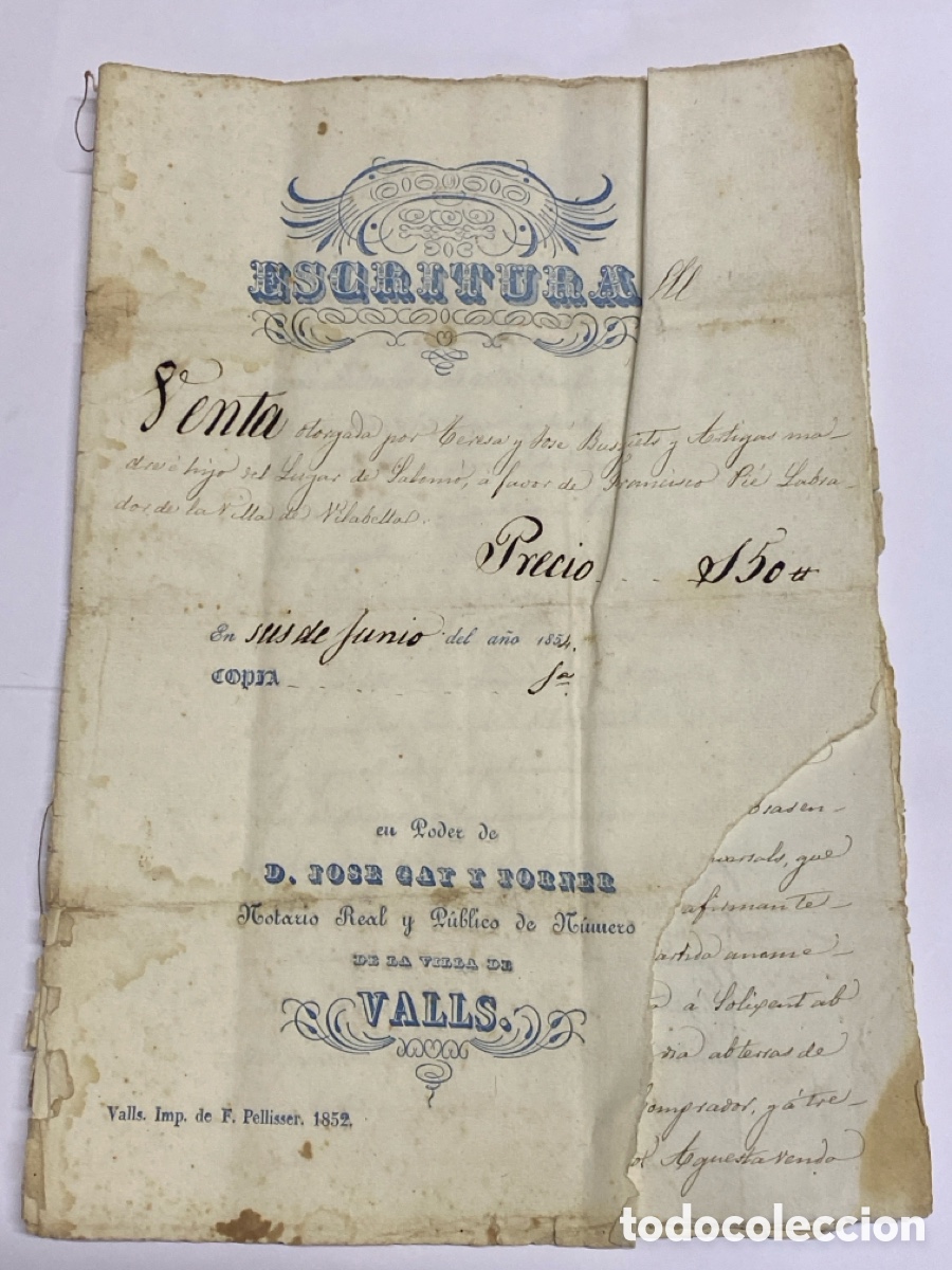 Manuscritos antiguos: Villa de Valls Tarragona 1854 Venta Villa de Salom&oacute; Busquets a favor Francisco Pie de Vilabella
