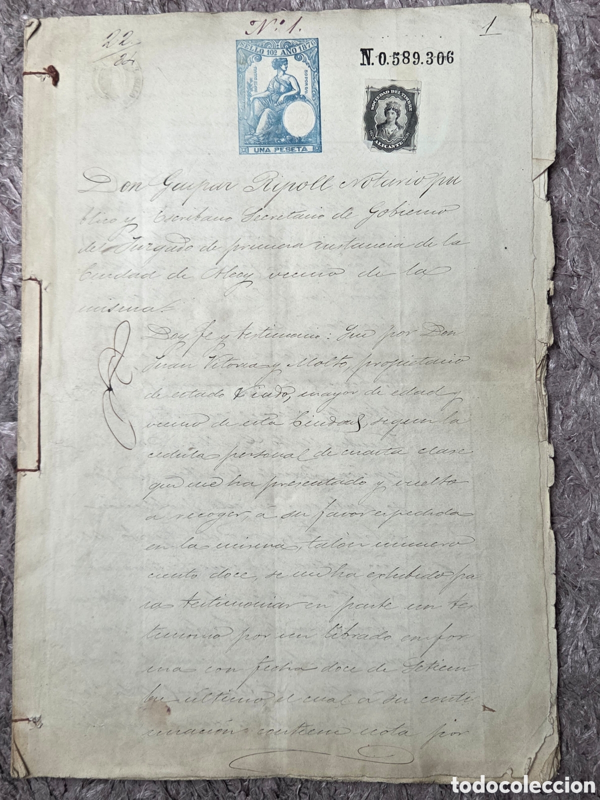 Manuscritos antiguos: ALCOY 1876 ESCRITURA NOTARIAL - Foto 2