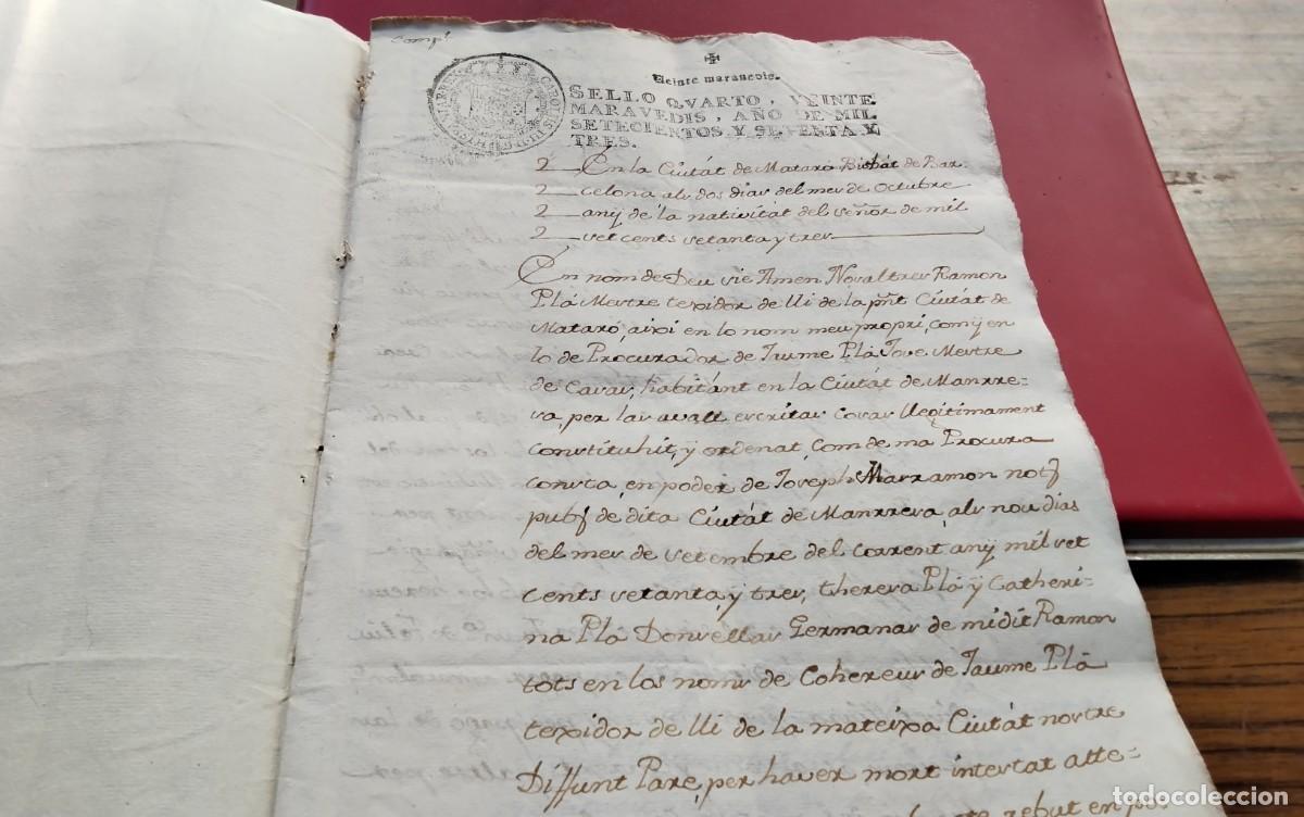 Manuscritos antiguos: MATARO- MANRESA ,MANUSCRITO CON TIMBROLOGIA A&Ntilde;O 1773, 5 PAG , SELLO CUARTO