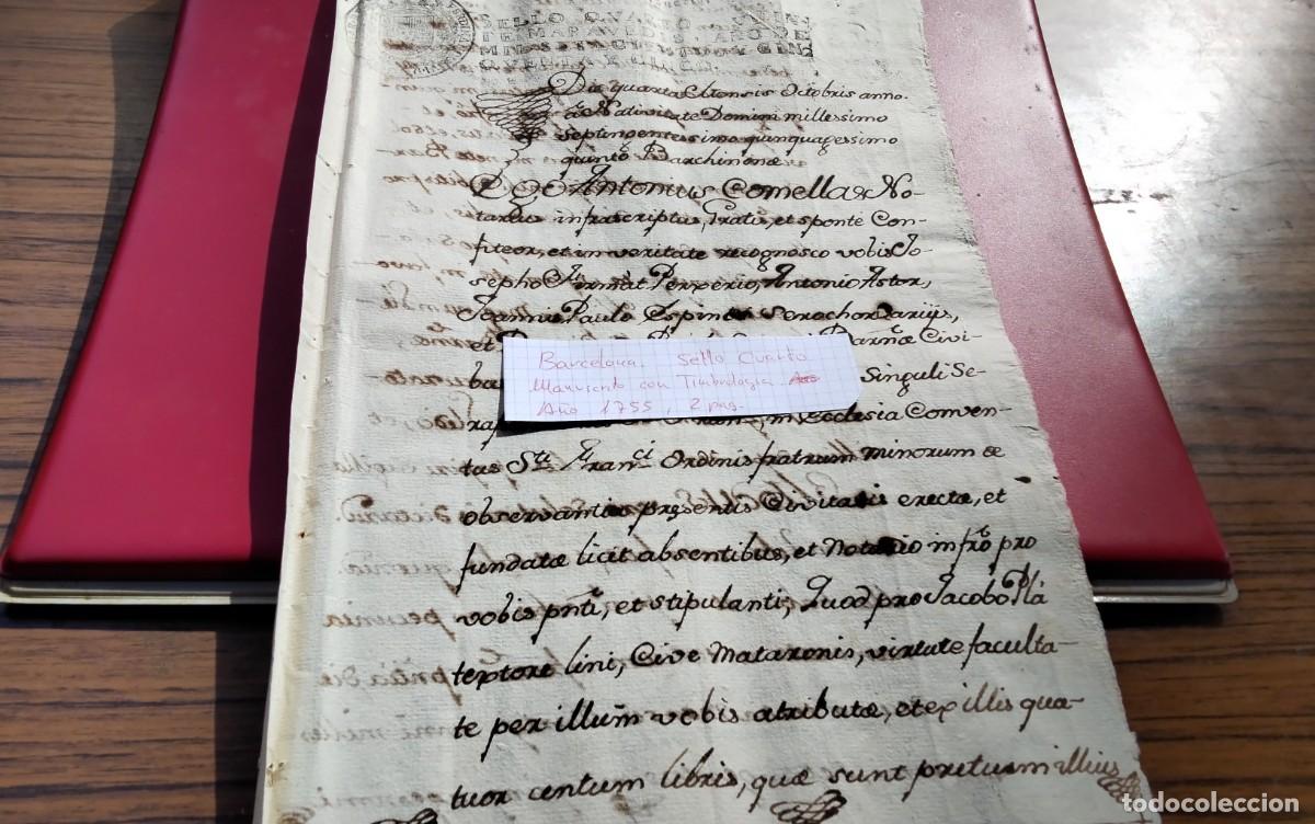 Manuscritos antiguos: BARCELONA MANUSCRITO CON TIMBROLOGIA A&Ntilde;O 1755 2 PAG , SELLO CUARTO