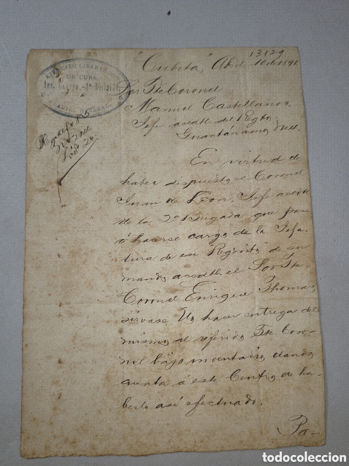 Manuscritos antiguos: Cuba, guerra de cuba,orden del mayor general periquito P&eacute;rez,a&ntilde;o 1898.