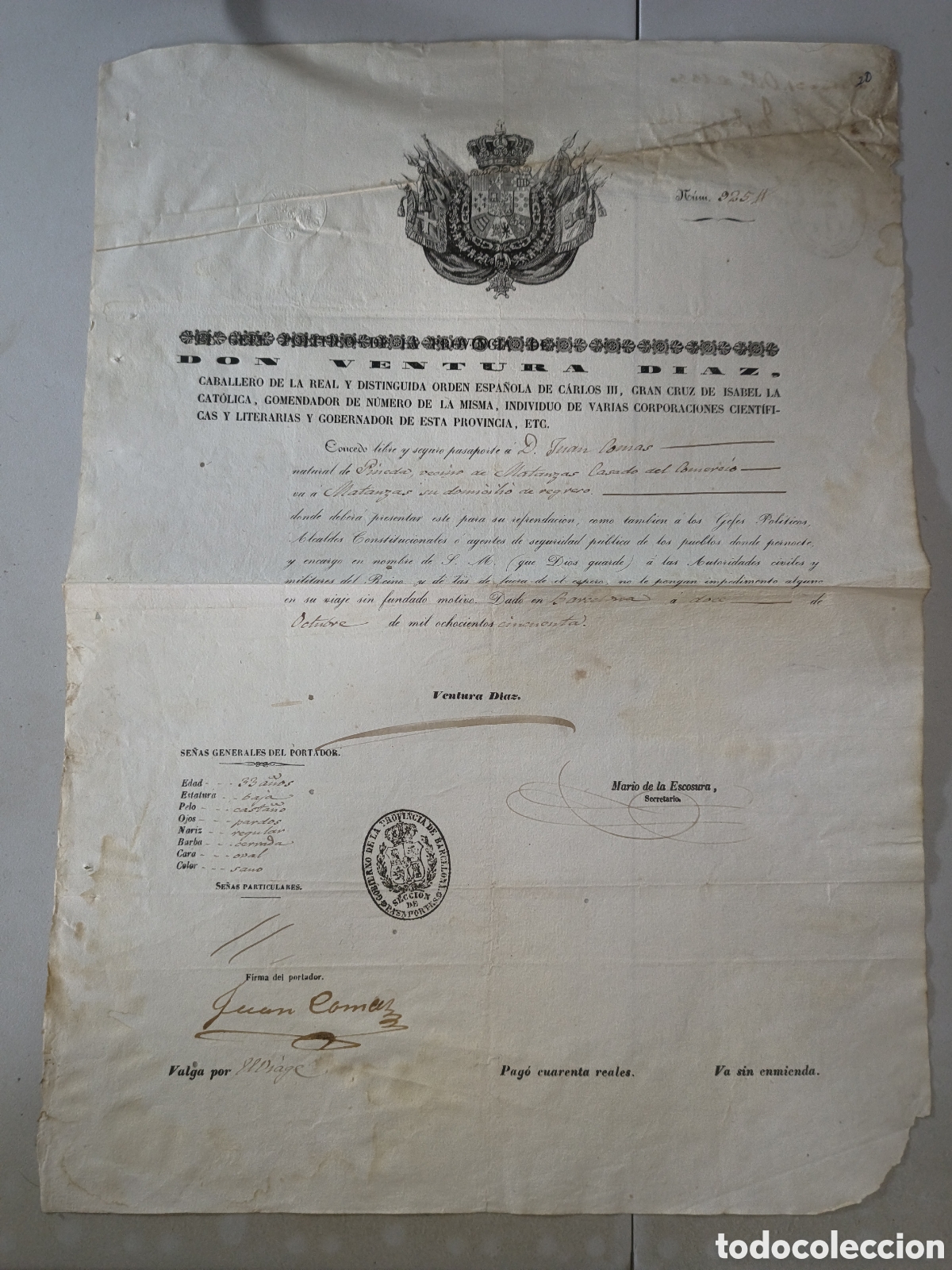 Alte Manuskripte: Espa&ntilde;a,pasaporte para pasar de Barcelona a matanzas ,a&ntilde;o 1850