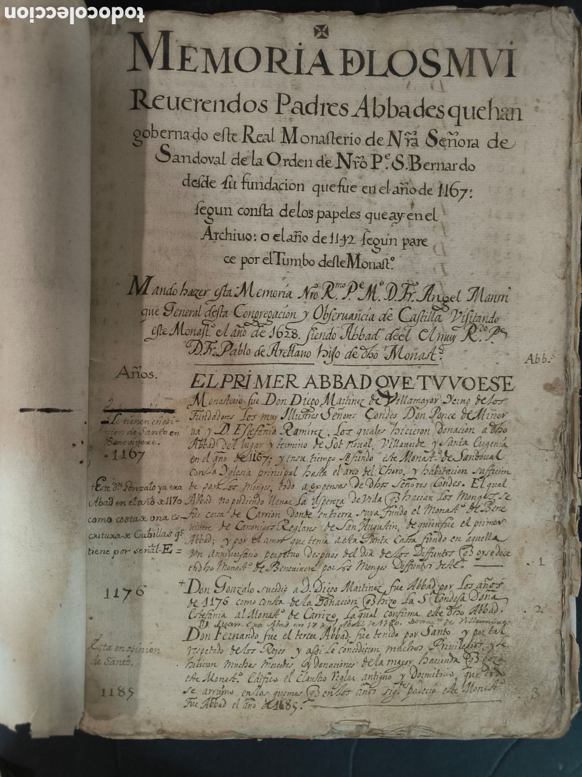 Manuscritos antiguos: Memoria Monasterio de Sandoval, Castilla y Le&oacute;n. S. XVII a XIX. Fray &Aacute;ngel Manrique. Documento.