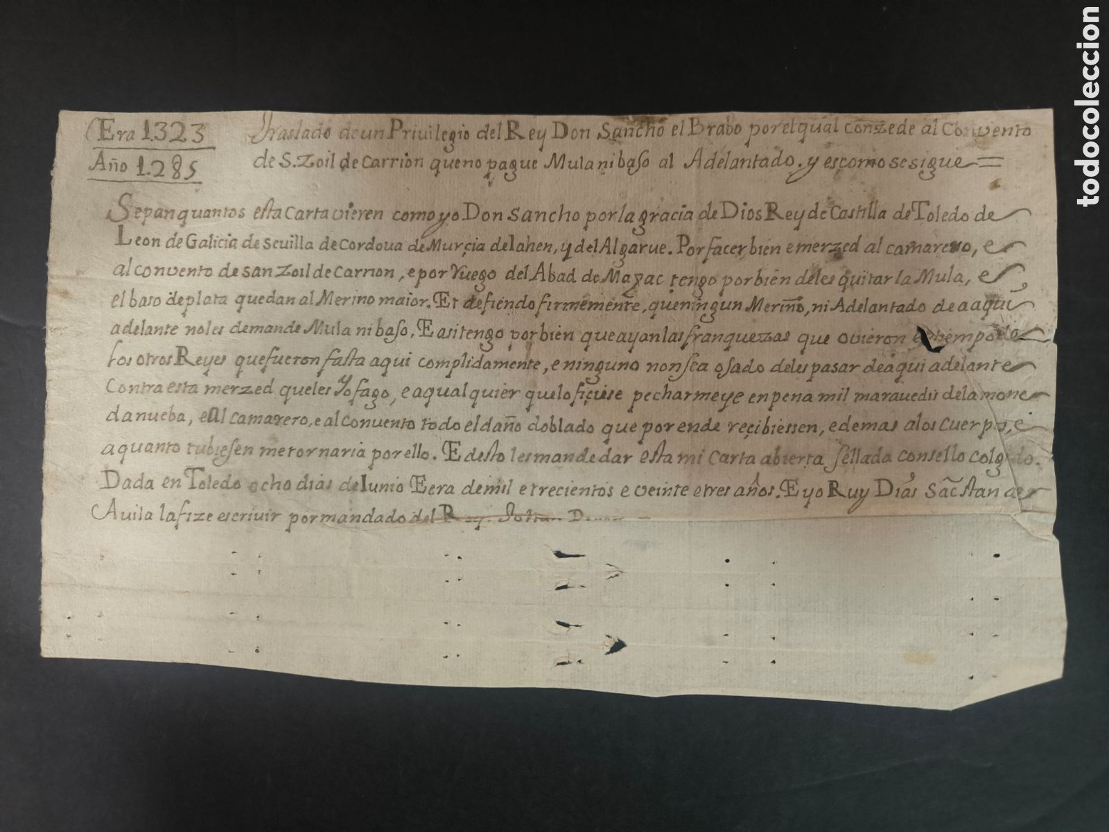 Manuscritos antiguos: Transcripci&oacute;n de un documento del s. XIII hecha en el XVIII. Rey Sancho. Palencia.
