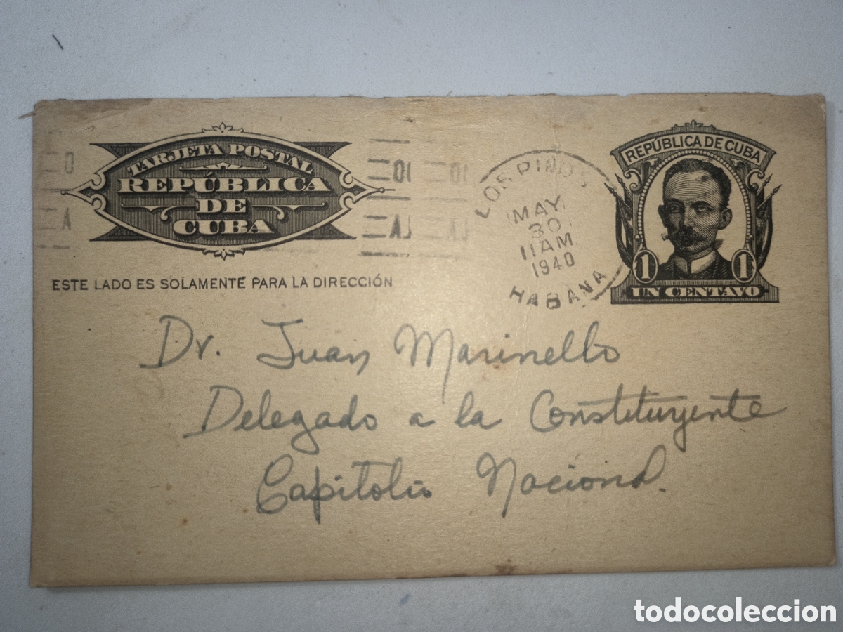 Manuscritos antiguos: Cuba,tarjeta postal al senador Juan Marinello , constituyente Constituci&oacute;n 1940