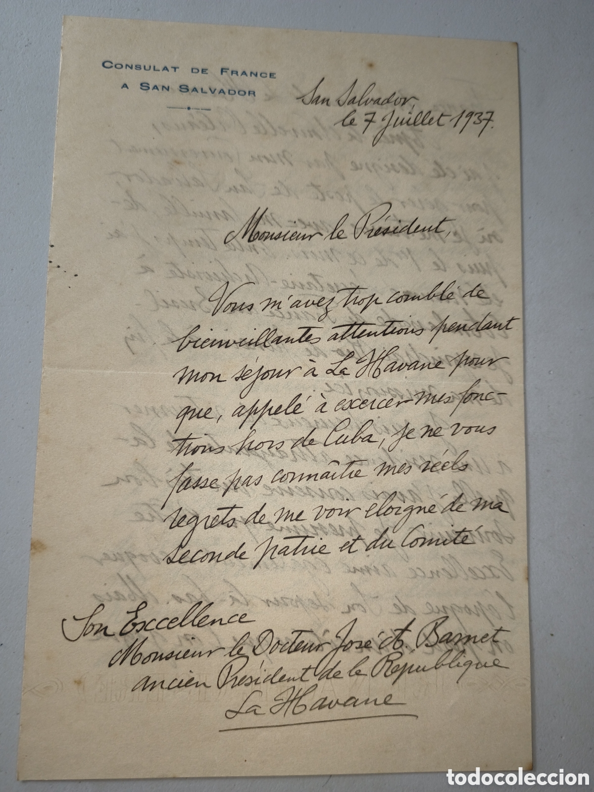 Manuscritos antiguos: Cuba,carta personal consul Francia el Salvador al presidente Barnet,1937