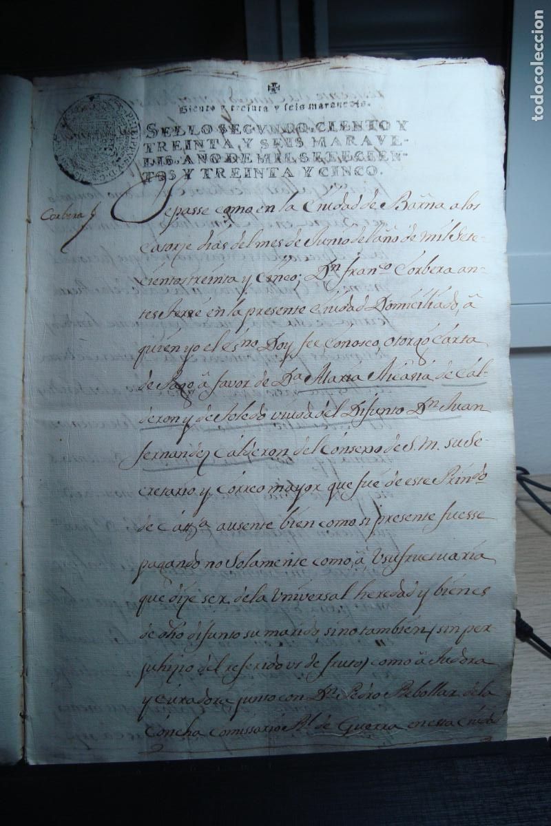 Manuscritos antiguos: ANTIGUO MANUSCRITO FRANCISCO CORBERA TERRE- NICASIA CALDERON TOLEDO. BARCELONA 1735.
