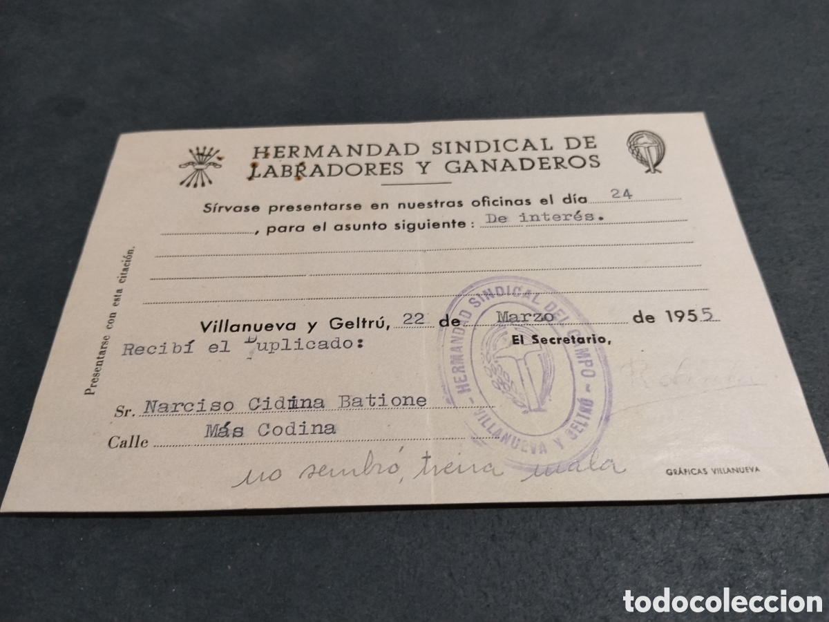 Manuscritos antiguos: Hermandad Sindical de Labradores y Ganaderos, Villanueva y Geltr&uacute; 1955