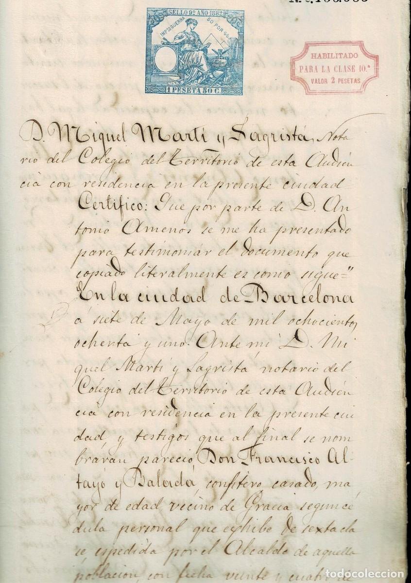 Manuscritos antiguos: L18-4-11 TIMBROLOGIA Escritura con 5 ejemplares del Fiscal A&ntilde;o 1882 con IMPUESTO DE GUERRA por 50%