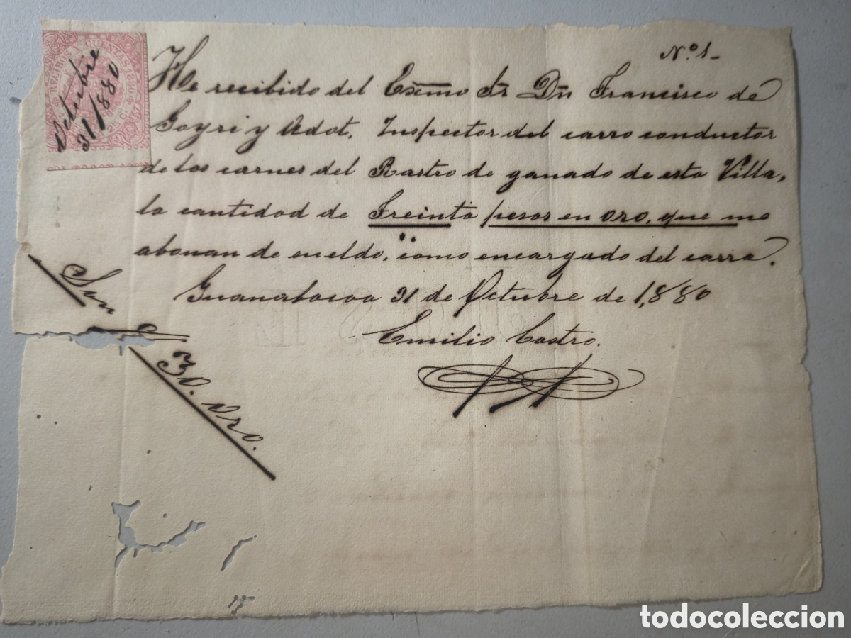 Manuscritos antiguos: Cuba espa&ntilde;ola,recibo pago salario conductor carro ganado ,a&ntilde;o 1880