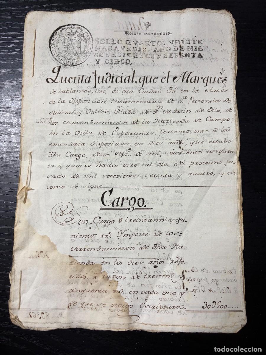 Manuscritos antiguos: ESPARTINAS,1975. CUENTAS JUDICIALES MANUSCRITAS DEL MARQU&Eacute;S DE TABLANTES.CONTIENE 12 SELLOS FISCALES