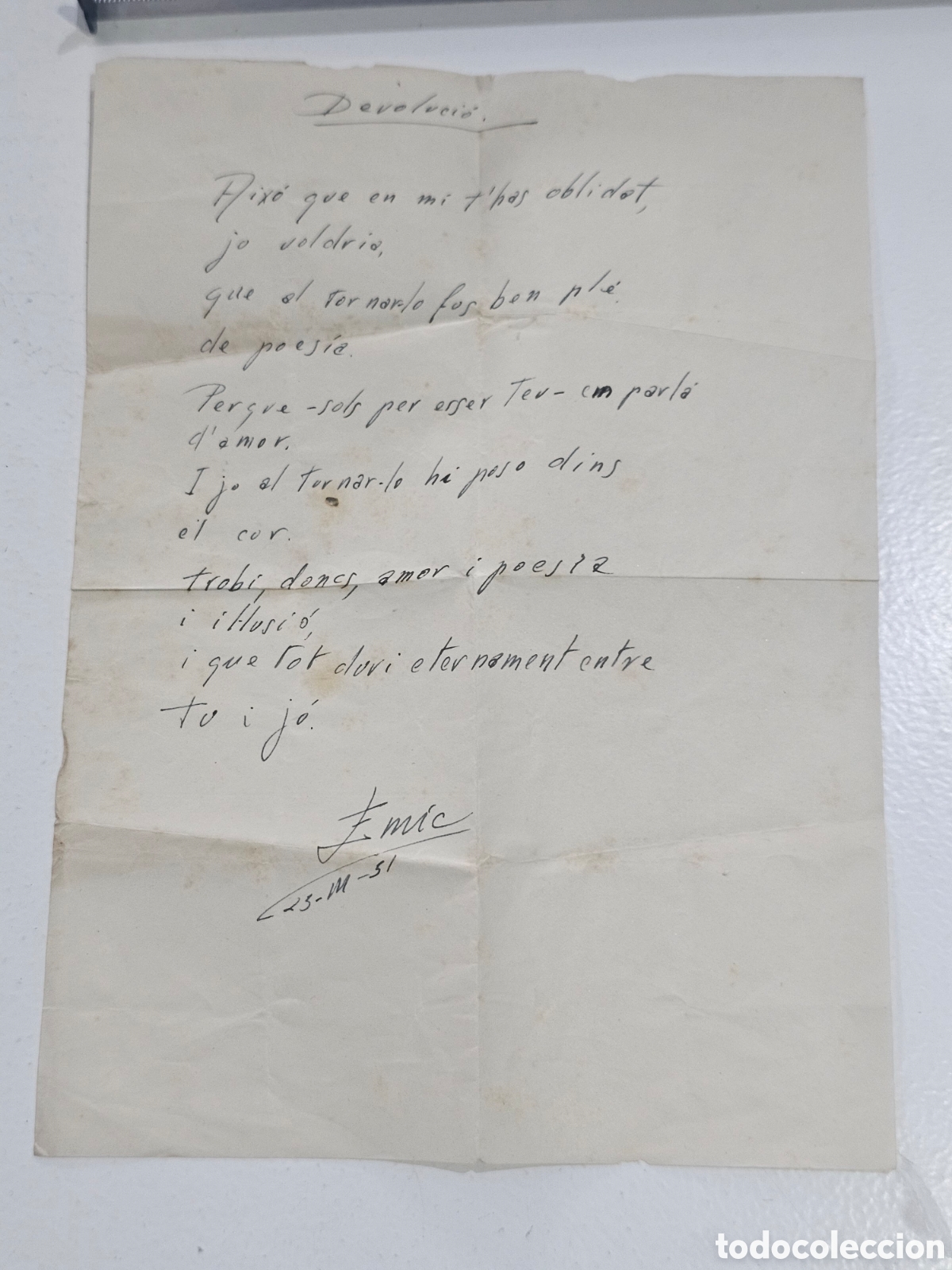 Manuscritos antiguos: Poema manuscrito original en catal&aacute;n &rdquo;Devoluci&oacute;&rdquo; (1951) - Firma &rdquo;Enric&rdquo;
