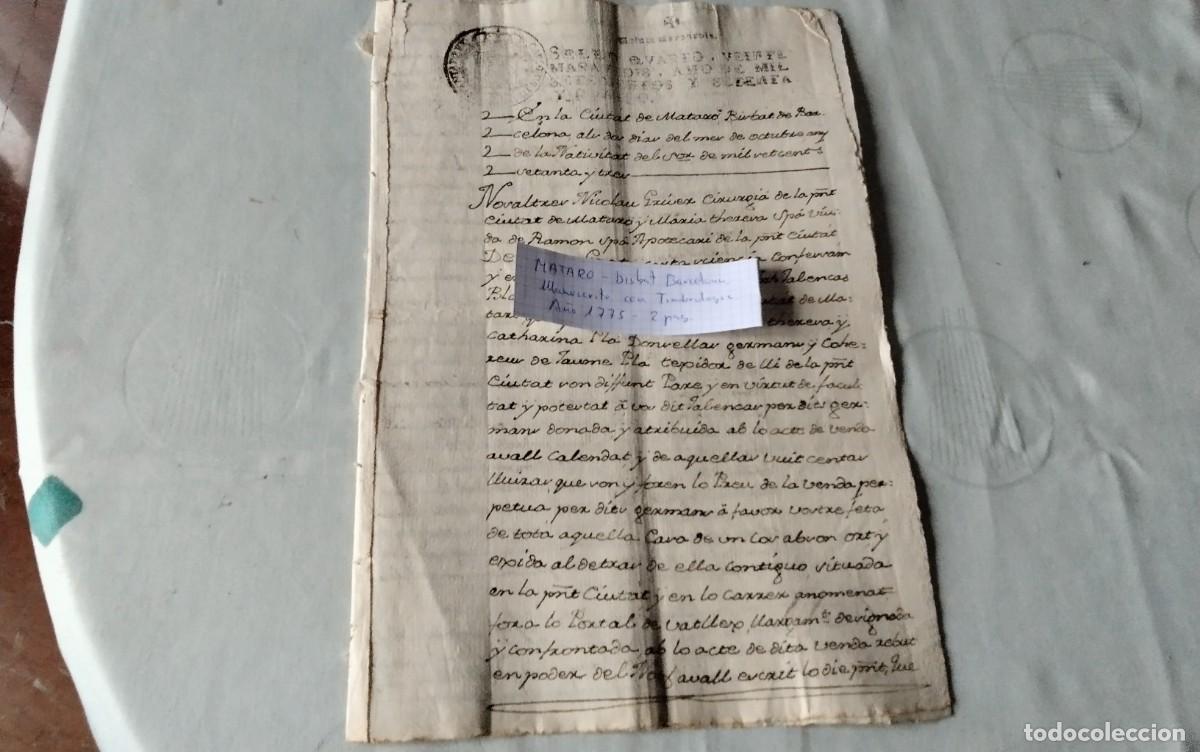 Manuscritos antiguos: MATARO- BISBAT BARCELONA MANUSCRITO CON TIMBROLOGIA A&Ntilde;O 1775 2 PAG , SELLO QUARTOO