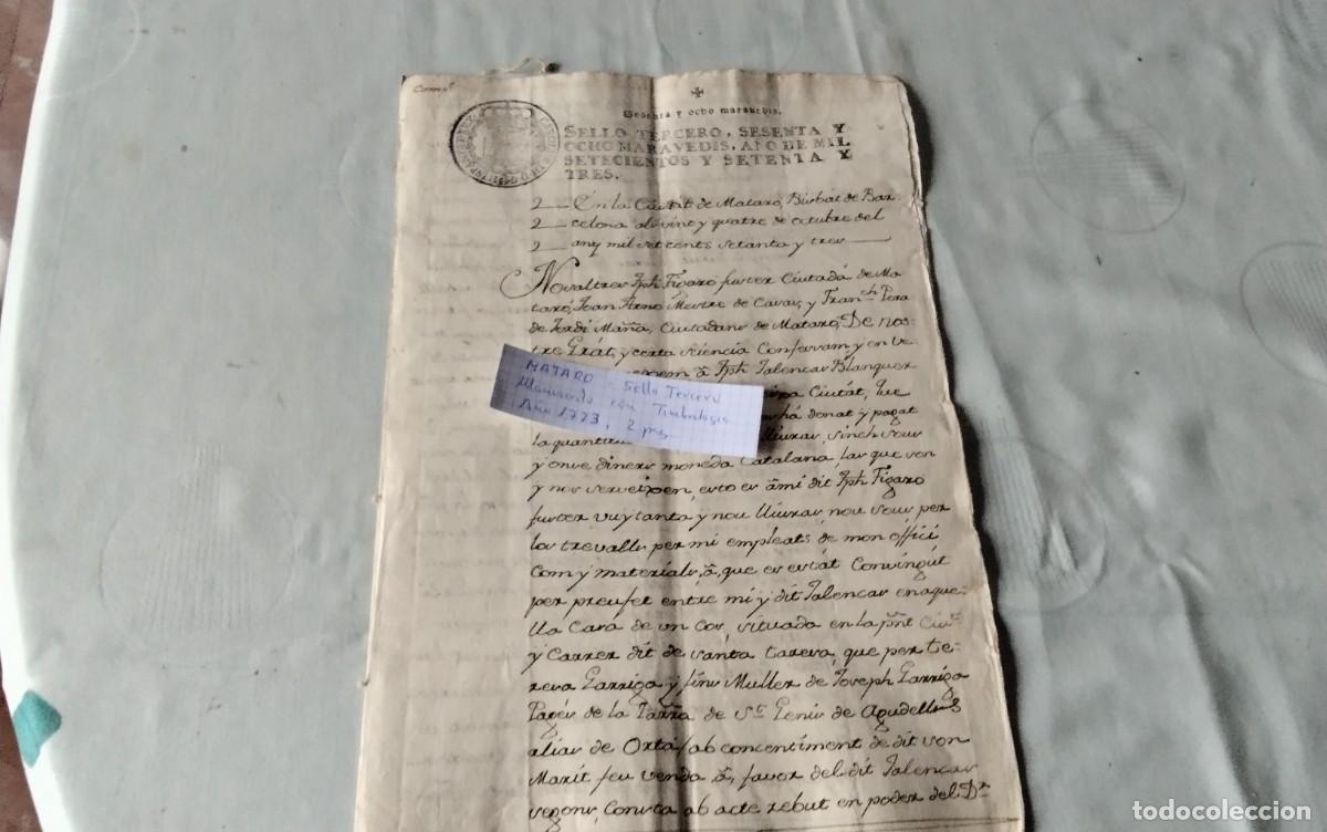 Manuscritos antiguos: MATARO MANUSCRITO CON TIMBROLOGIA A&Ntilde;O 1773 , 2 PAG , SELLO TERCERO