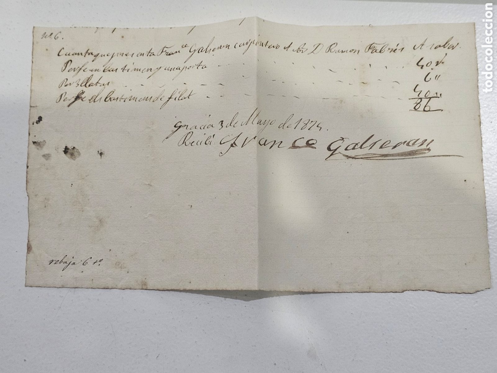 Manuscritos antiguos: Documento 1874 &ndash; Recibo / Cuenta de carpintero (Gracia / Barcelona) Francisco Galceran Ramon Fabr&eacute;s