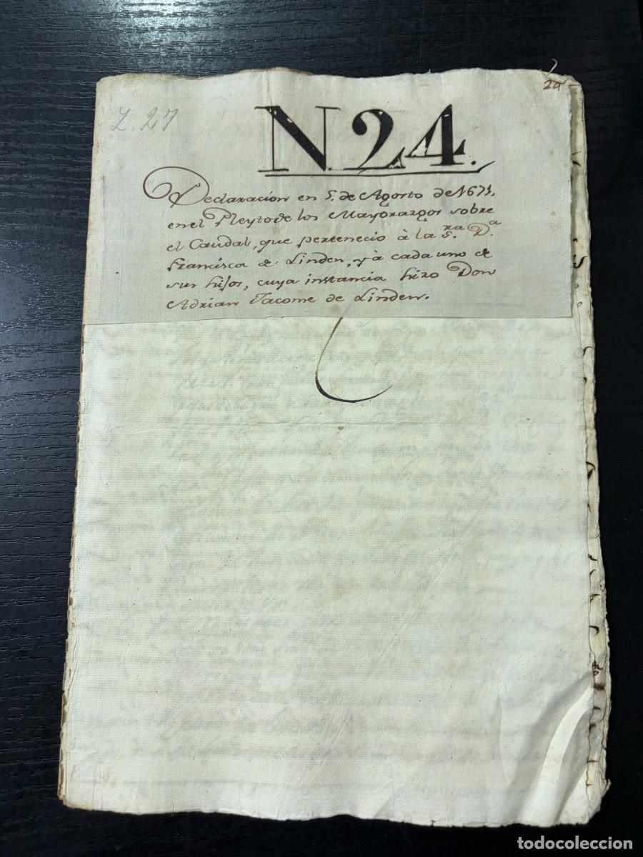 Manuscritos antiguos: SEVILLA,1671. MANUSCRITO SOBRE PLEITO DE MAYORAZGOS. FAMILIA J&Aacute;COME DE LINDEN. HERENCIAS. SIGLO XVII