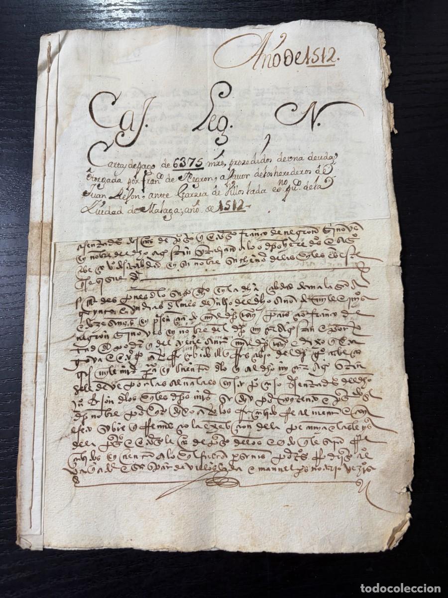 Manuscritos antiguos: M&Aacute;LAGA, 1512. CARTA DE PAGO DE 6.375 MARAVED&Iacute;ES. MANUSCRITO NOTARIAL CON SELLO HER&Aacute;LDICO