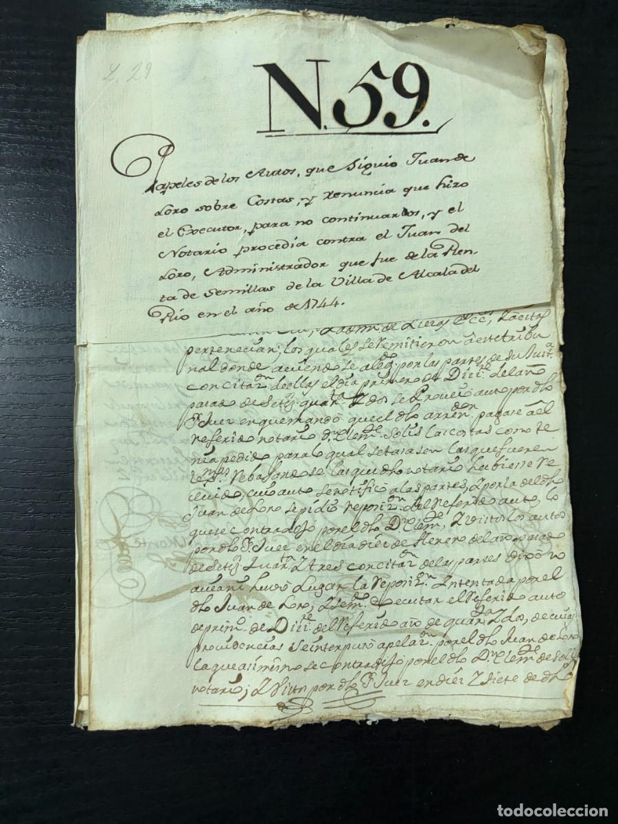 Manuscritos antiguos: ALCAL&Aacute; DEL R&Iacute;O, 1744. SEVILLA. PLEITO POR COSTAS Y RENTAS DE SEMILLAS. JUAN DE LORO