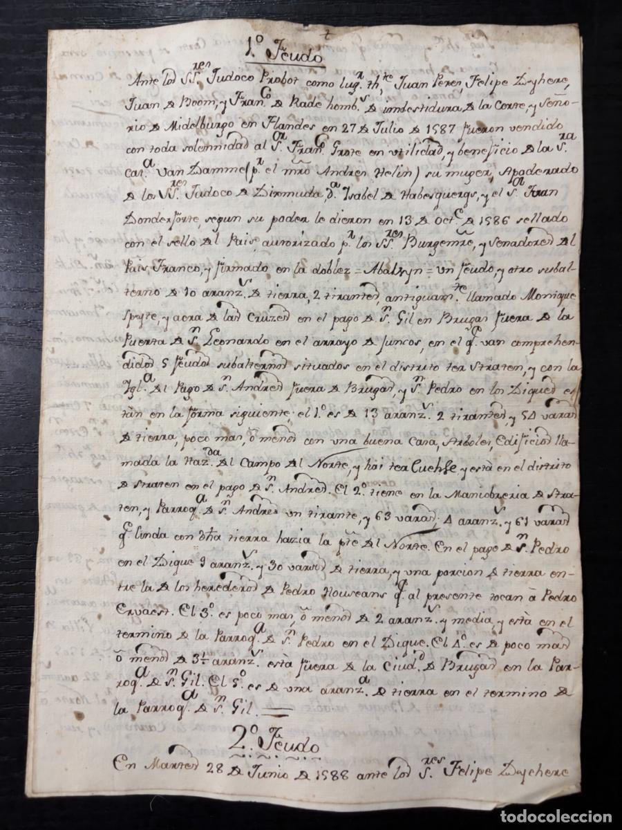 Manuscritos antiguos: FLANDES, 1640. RELACI&Oacute;N DE SIETE FEUDOS. FAMILIA J&Aacute;COME. BRUJAS Y SEVILLA. 8 P&Aacute;GINAS