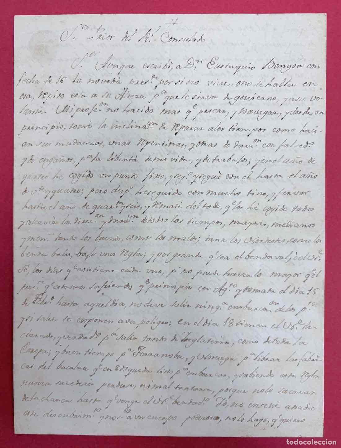 Manuscritos antiguos: CARTA SOBRE LA PESCA DEL BACALAO DIRIGIDA AL PRIOR DEL CONSULADO DE BILBAO. C. 1800